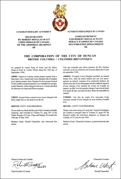 Letters patent registering the Armoirial Bearings of The Corporation of the City of Duncan