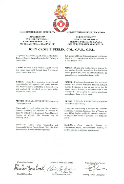 Lettres patentes enregistrant les emblèmes héraldiques de John Crosbie Perlin