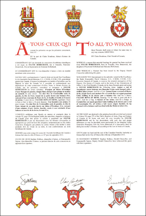 Letters patent granting heraldic emblems to Sylvie Robichaud