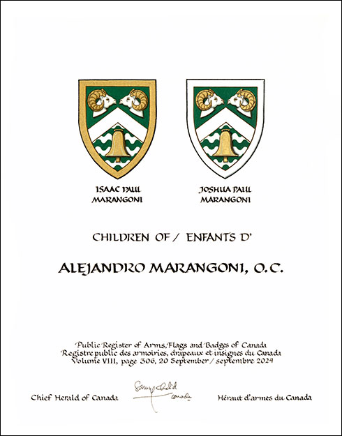 Letters patent granting heraldic emblems to Alejandro Marangoni