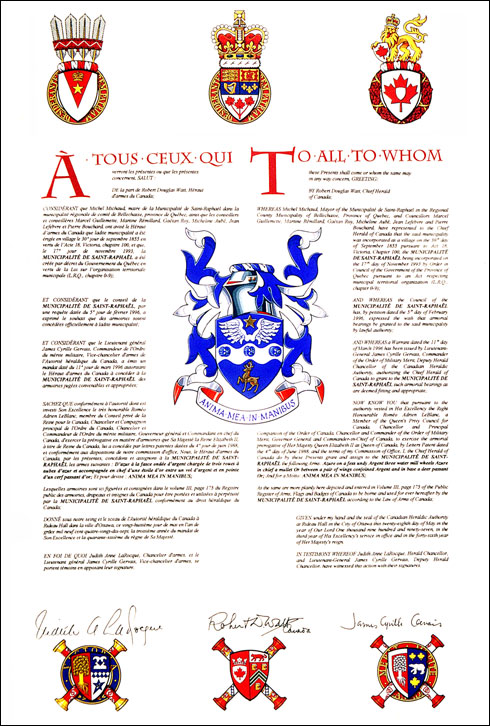Letters patent granting heraldic emblems to the Municipalité de Saint-Raphaël