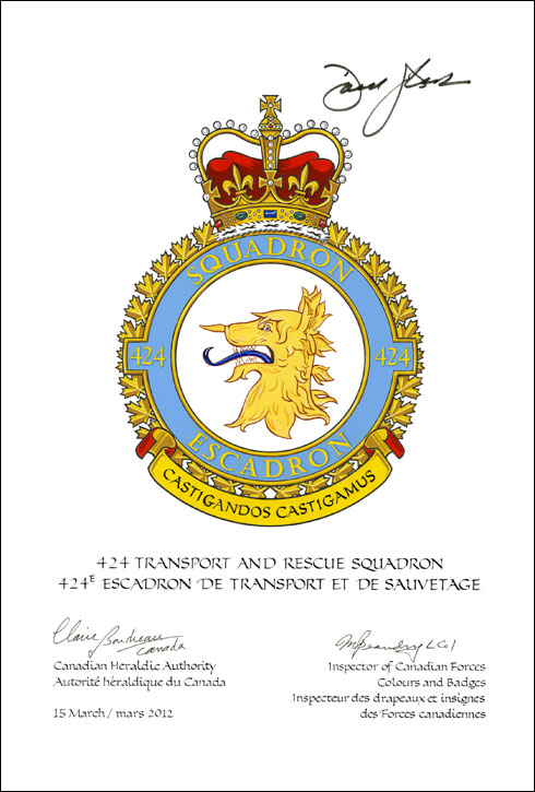 Lettres patentes confirmant le blasonnement de l'insigne du 424e Escadron de transport et de sauvetage