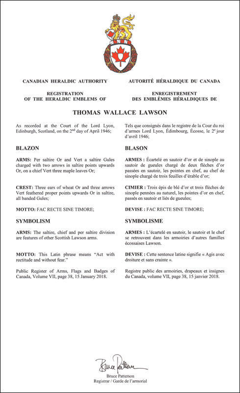 Letters patent registering the heraldic emblems of Thomas Wallace Lawson