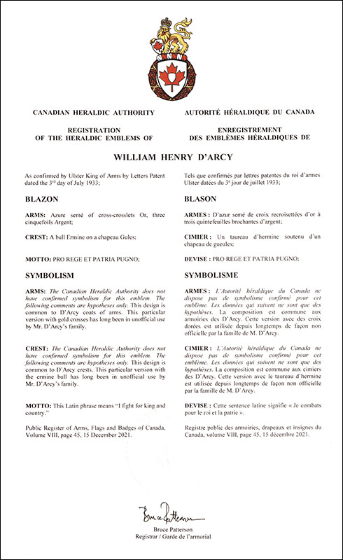 Letters patent registering the heraldic emblems of William Henry D’Arcy