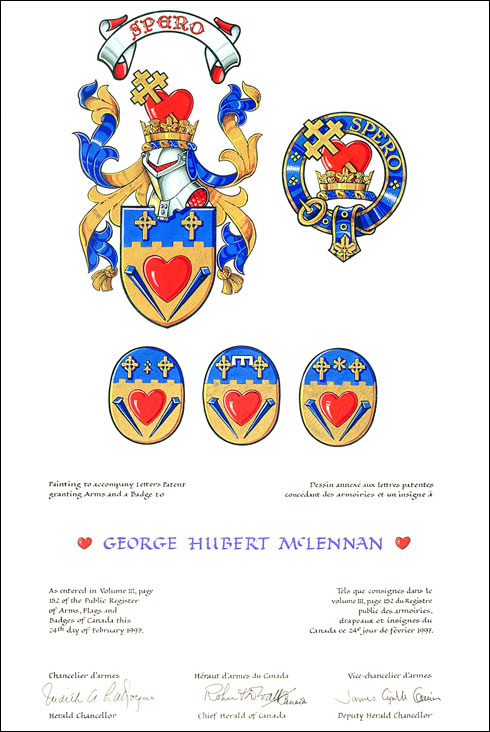 Letters patent granting heraldic emblems to George Hubert McLennan
