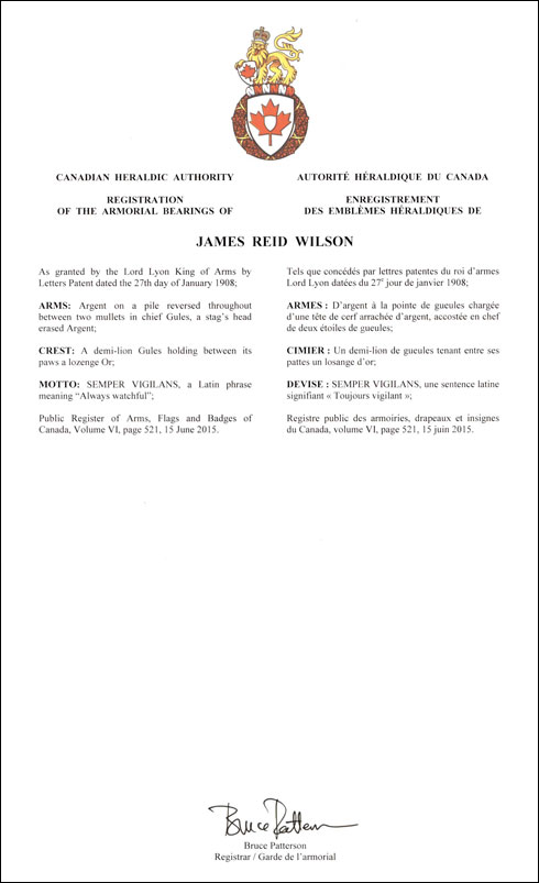 Letters patent registering the heraldic emblems of James Reid Wilson