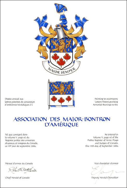 Lettres patentes concédant des emblèmes héraldiques à l'Association des Major-Bontron d'Amérique