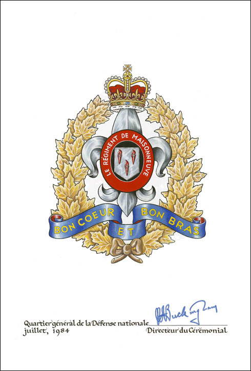 Letters patent confirming the blazon of the Badge of Le Régiment de Maisonneuve