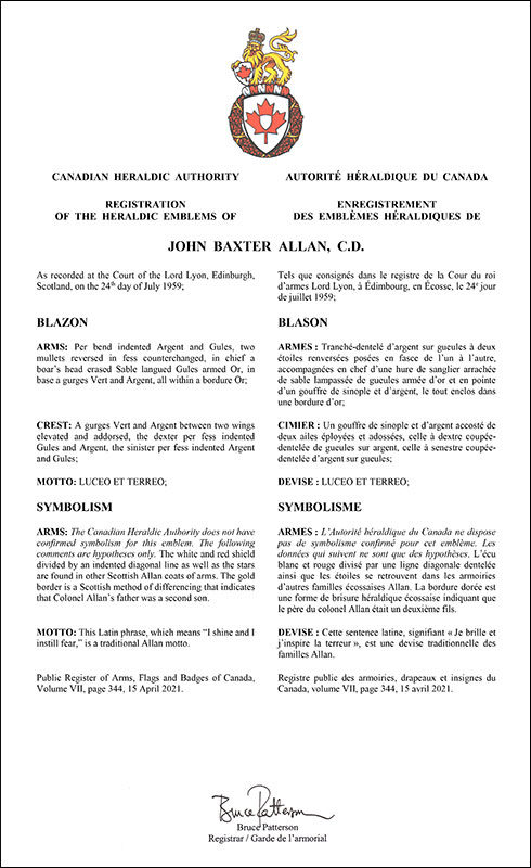 Lettres patentes enregistrant les emblèmes héraldiques de John Baxter Allan