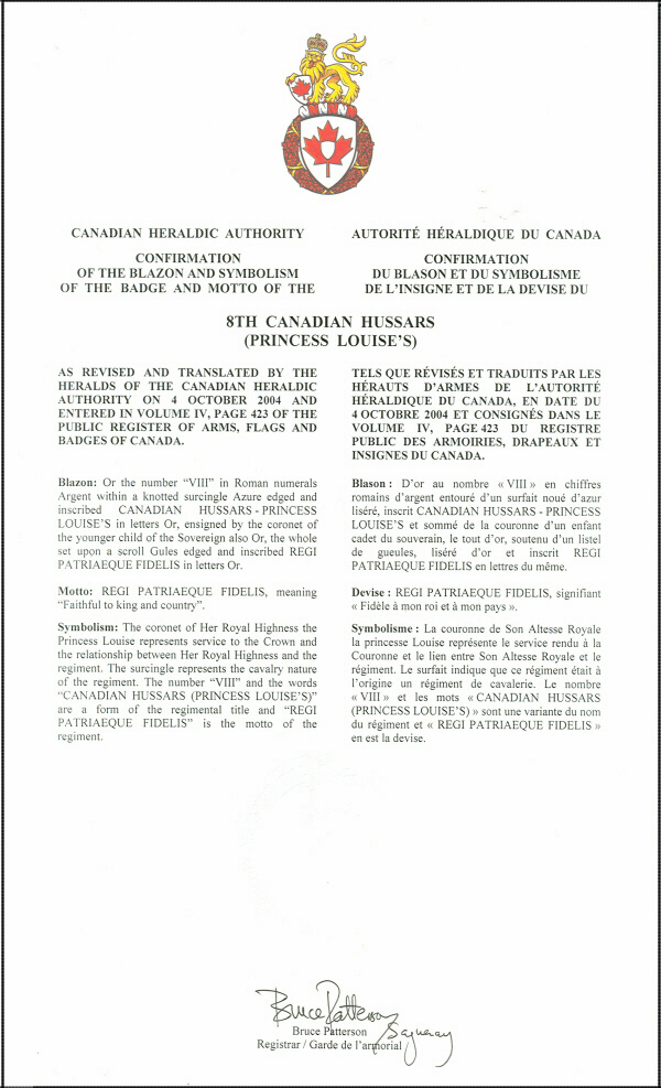 Lettres patentes confirmant le blasonnement de l'insigne du 8th Canadian Hussars (Princess Louise's)