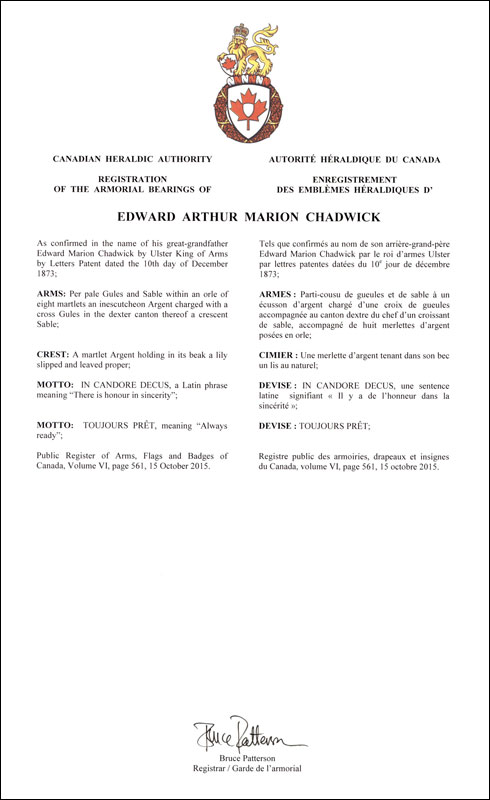 Letters patent registering the heraldic emblems of Edward Arthur Marion Chadwick