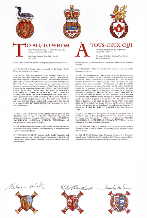 Letters patent granting heraldic emblems to St. John's Evangelical Lutheran Church, Montreal