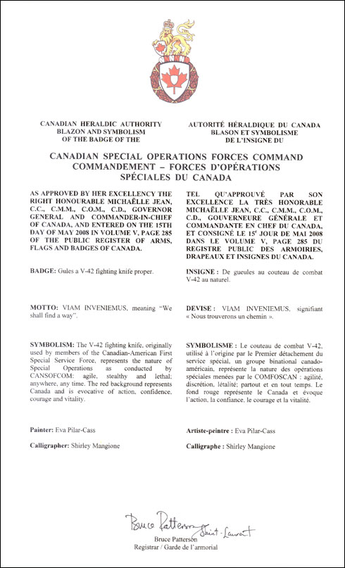Lettres patentes approuvant l'insigne du Commandement – Forces d’opérations spéciales du Canada