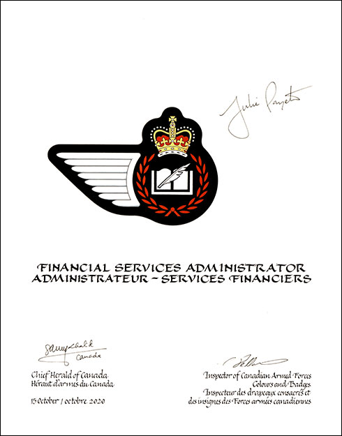 Lettres patentes approuvant les emblèmes héraldiques de l'Administrateur – Services financiers de l’Aviation royale canadienne