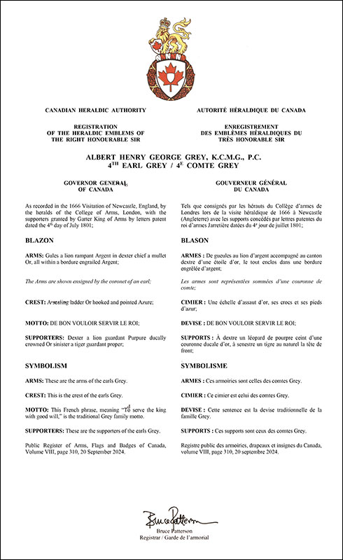 Lettres patentes enregistrant les emblèmes héraldiques d'Albert Henry George Grey