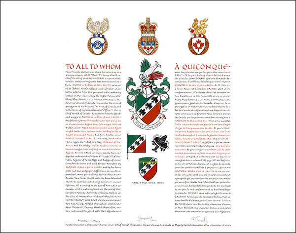 Lettres patentes concédant des emblèmes héraldiques à Andrew Mark Lewis Smith