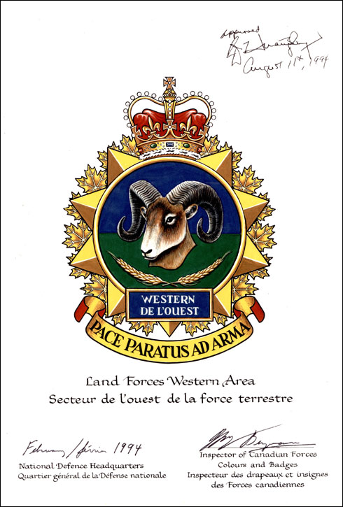 Lettres patentes approuvant l'insigne du Secteur de l’ouest de la force terrestre