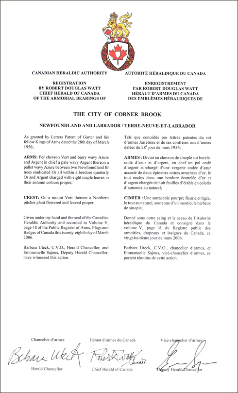 Lettres patentes enregistrant les emblèmes héraldiques de The City of Corner Brook