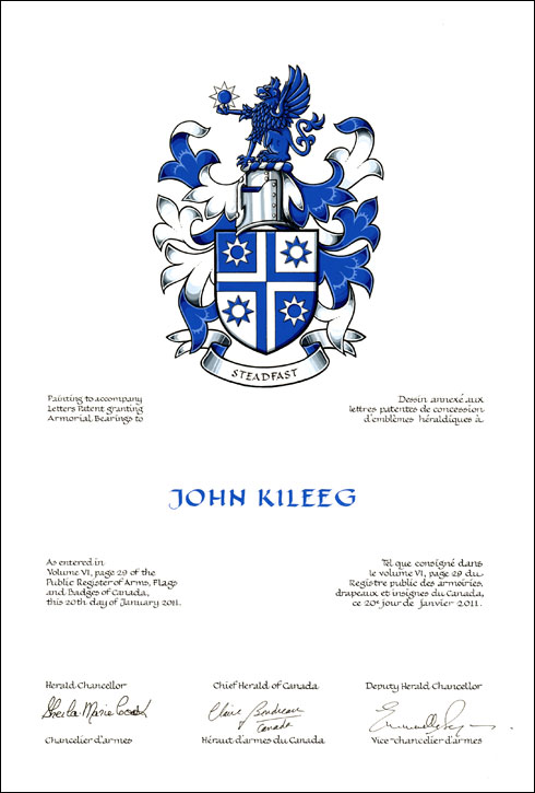 Lettres patentes concédant des emblèmes héraldiques à John Kileeg