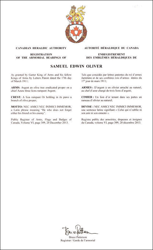Letters patent registering the heraldic emblems of Samuel Edwin Oliver