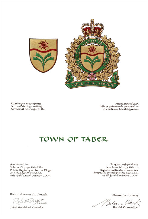 Letters patent granting heraldic emblems to the Town of Taber