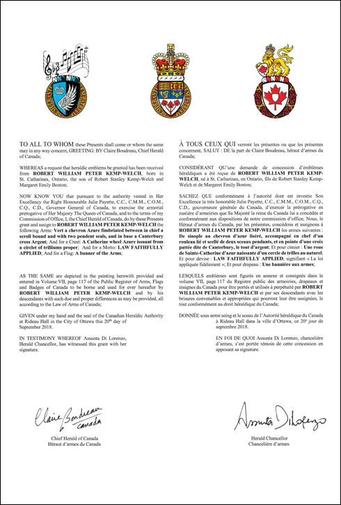 Letters patent granting heraldic emblems to Robert William Peter Kemp-Welch