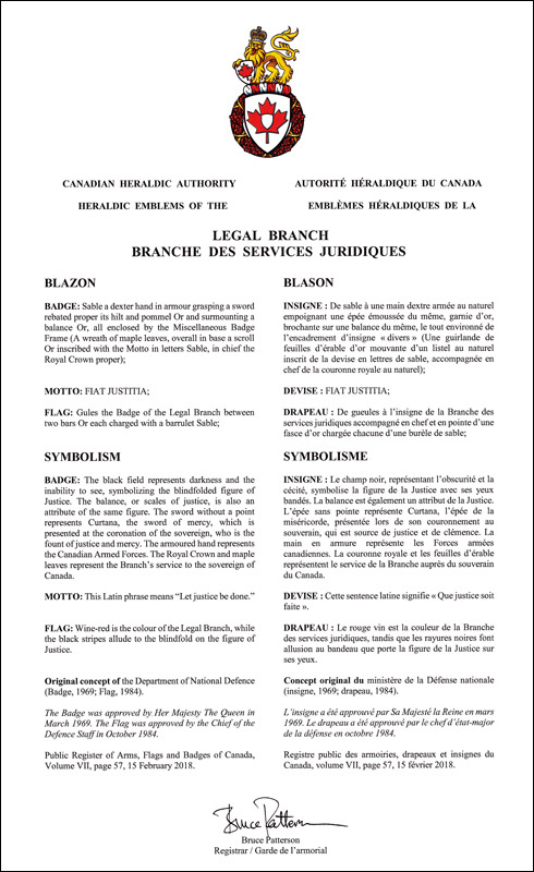 Letters patent confirming the heraldic emblems of the Legal Branch