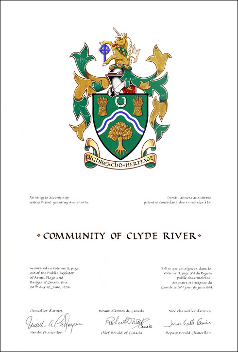 Lettres patentes concédant des emblèmes héraldiques à la Community of Clyde River