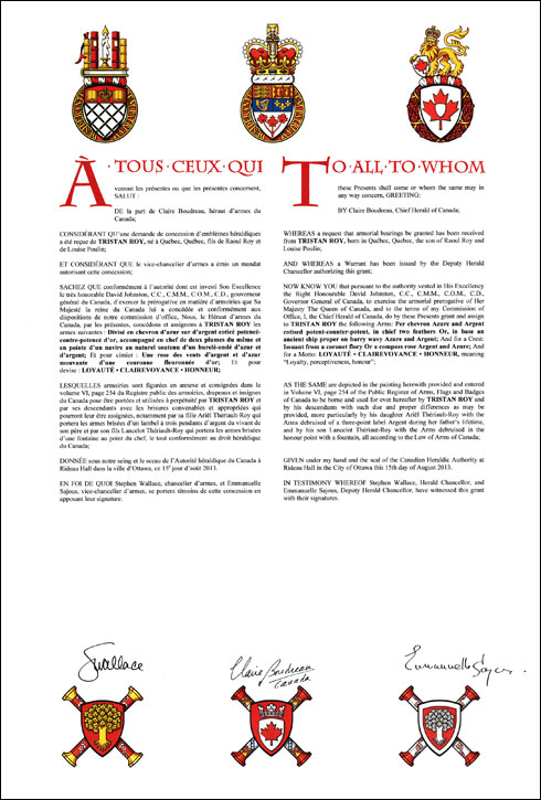 Letters patent granting heraldic emblems to Tristan Roy