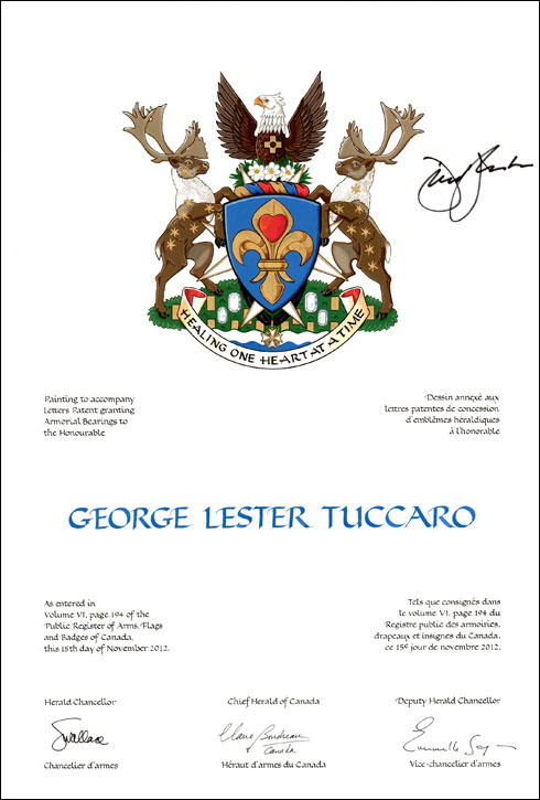Letters patent granting heraldic emblems to George Lester Tuccaro