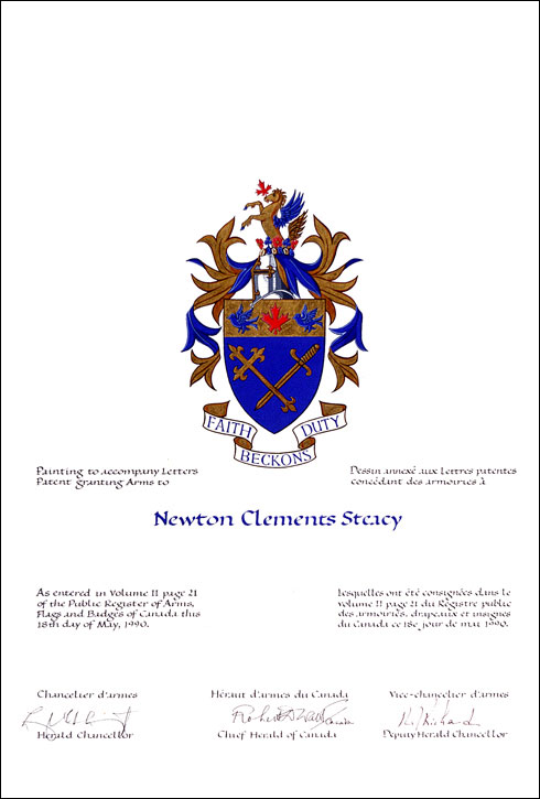 Lettres patentes concédant des emblèmes héraldiques à Newton Clements Steacy