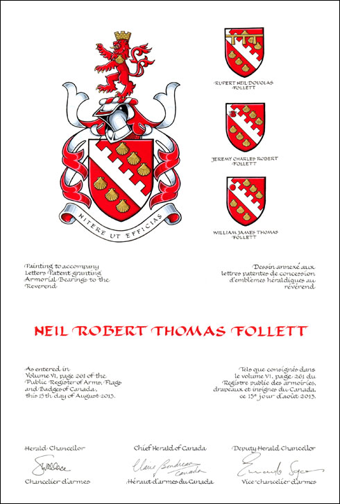 Letters patent granting heraldic emblems to Neil Robert Thomas Follett