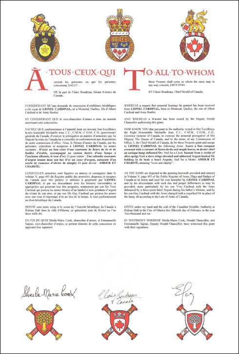 Letters patent granting heraldic emblems to Lionel Cardinal