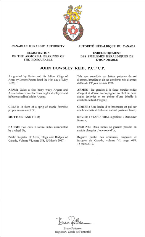 Letters patent registering the heraldic emblems of John Dowsley Reid