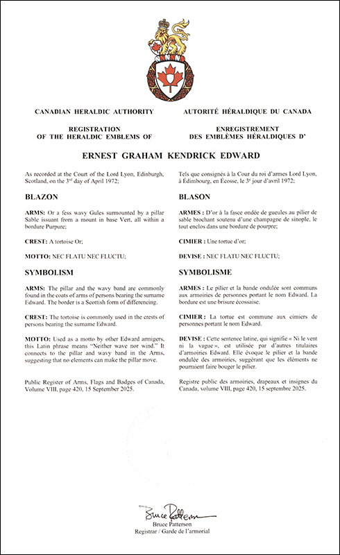 Letters patent registering the heraldic emblems of Ernest Graham Kendrick Edward