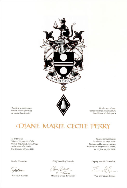 Lettres patentes concédant des emblèmes héraldiques à Diane Marie Cecile Perry