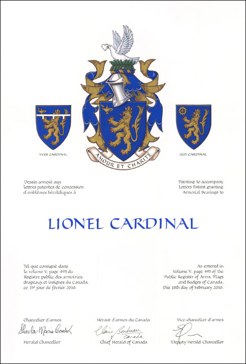 Letters patent granting heraldic emblems to Lionel Cardinal