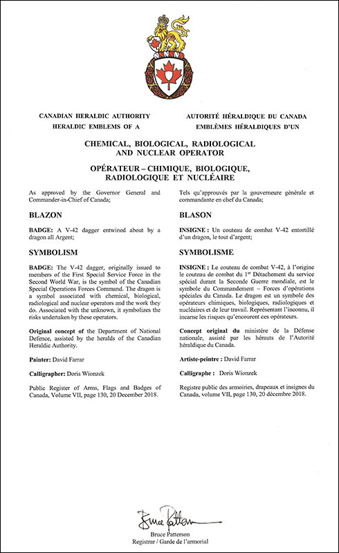 Letters patent approving the heraldic emblems of a Chemical, Biological, Radiological and Nuclear Operator of the Canadian Armed Forces
