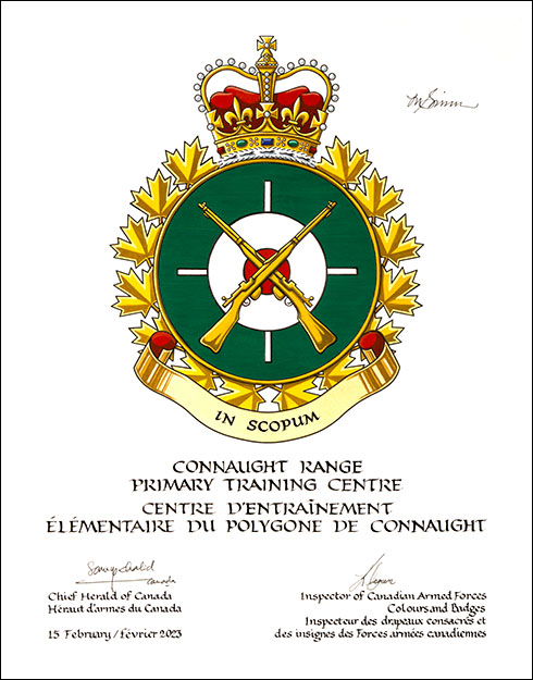 Lettres patentes approuvant les emblèmes héraldiques du Centre d’entraînement élémentaire du polygone de Connaught