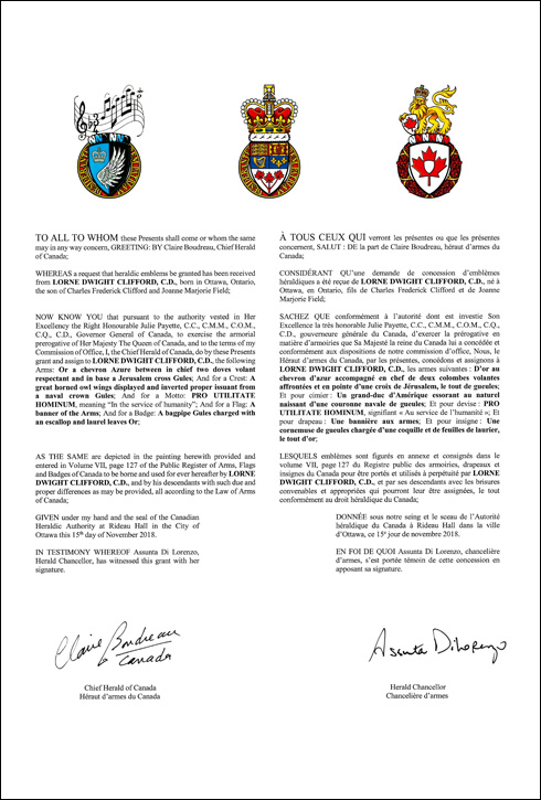 Letters patent granting heraldic emblems to Lorne Dwight Clifford