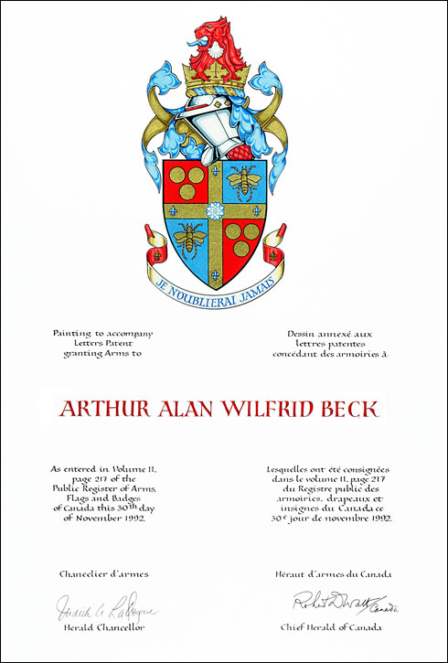 Letters patent granting heraldic emblems to Arthur Alan Wilfrid Beck