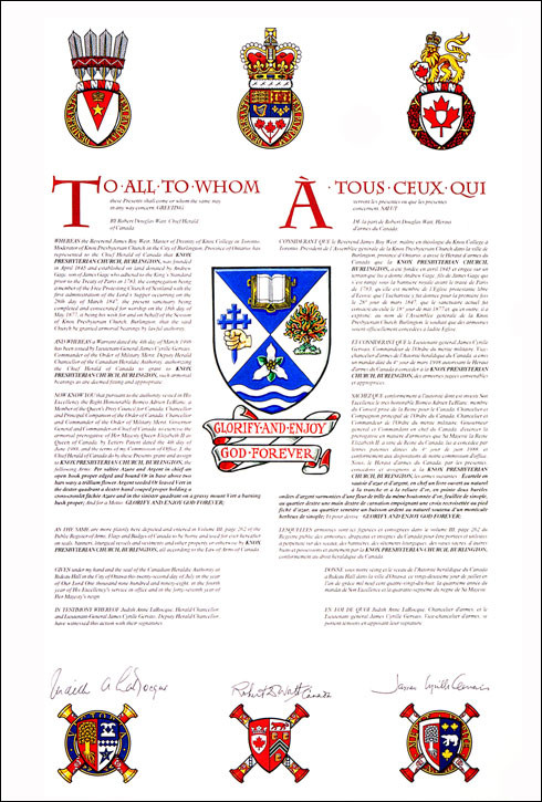 Letters patent granting heraldic emblems to Knox Presbyterian Church