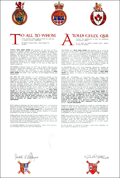 Letters patent granting heraldic emblems to Paula Draga Vachon