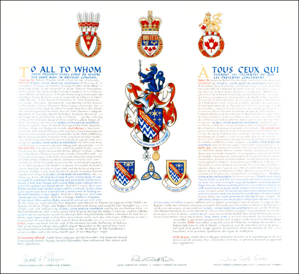 Lettres patentes enregistrant les emblèmes héraldiques d'Alaric John Martin Woodrow