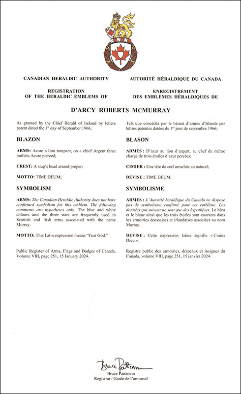 Letters patent registering the heraldic emblems of D’Arcy Roberts McMurray