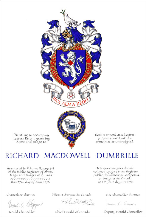 Lettres patentes concédant des emblèmes héraldiques à Richard MacDowell Dumbrille