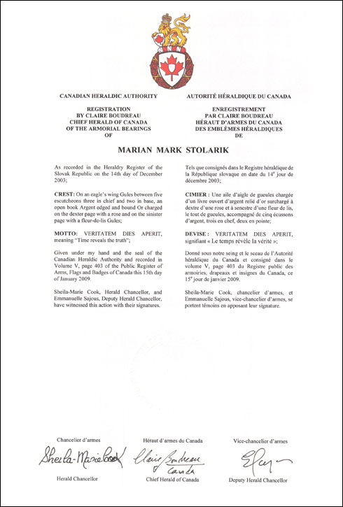 Lettres patentes enregistrant les emblèmes héraldiques de Marian Mark Stolarik