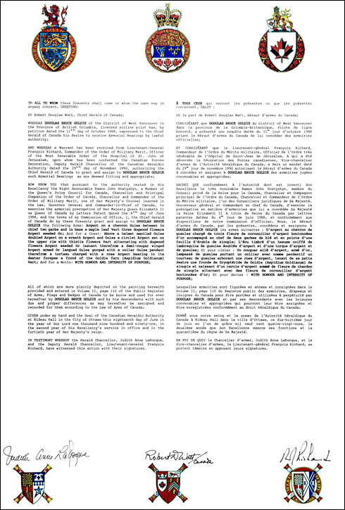 Letters patent granting heraldic emblems to Douglas Bruce Goldie