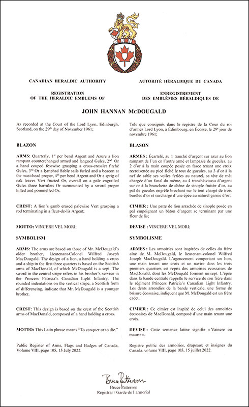 Letters patent registering the heraldic emblems of John Hannan McDougald