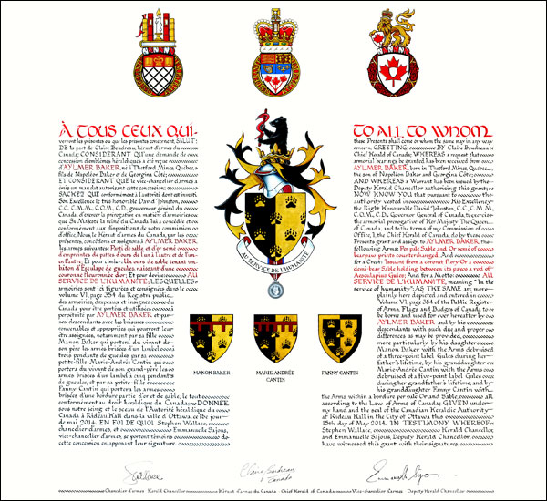 Letters patent granting heraldic emblems to Aylmer Baker